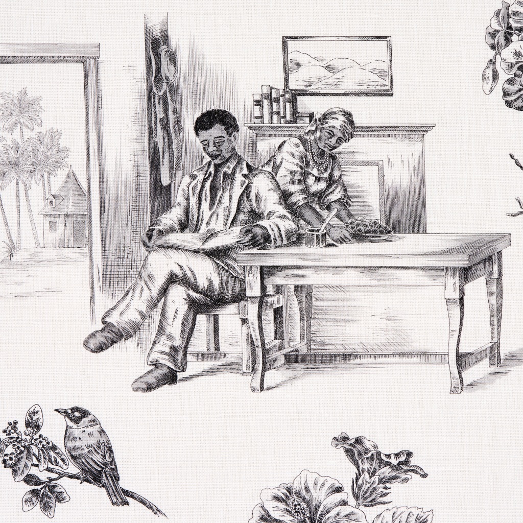 Una imagen detallada de la tela Toussaint Toile de la primera colección de artículos para el hogar del diseñador Victor Glemaud, que representa al general haitiano Toussaint Louverture en la cocina con su esposa.