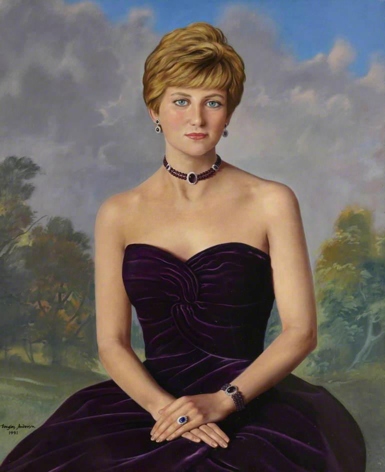 Una pintura de Diana, Princesa de Gales de Anderson, Douglas Hardinge, ahora colgada en The Royal Marsden NHS Foundation Trust.  En la pintura, llevaba un vestido sin tirantes de terciopelo berenjena en forma de tulipán de Victor Edelstein.